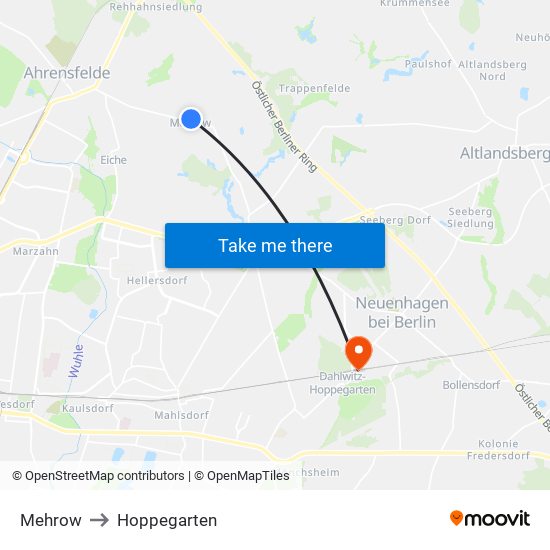 Mehrow to Hoppegarten map