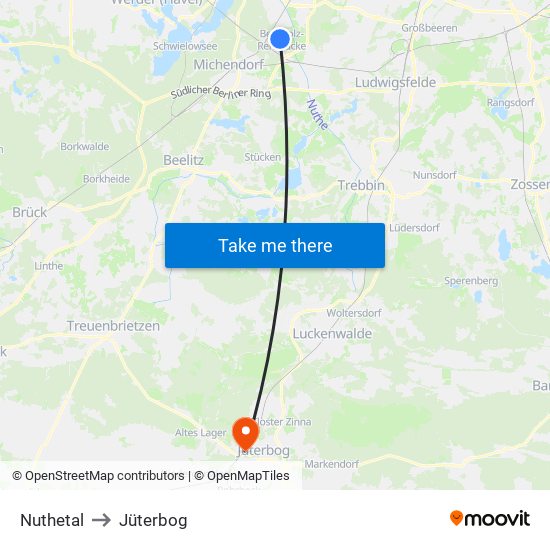 Nuthetal to Jüterbog map