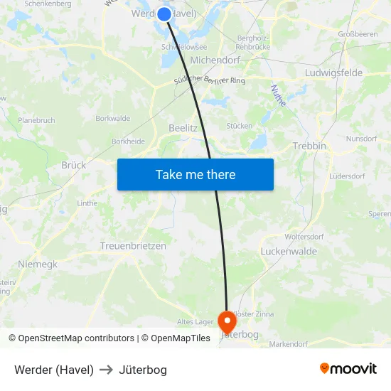 Werder (Havel) to Jüterbog map