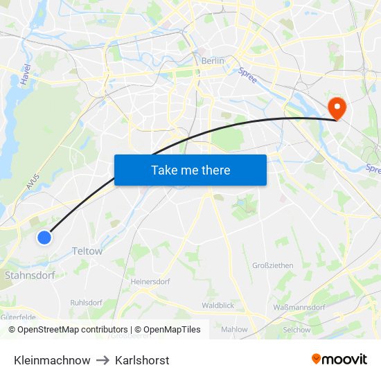 Kleinmachnow to Karlshorst map