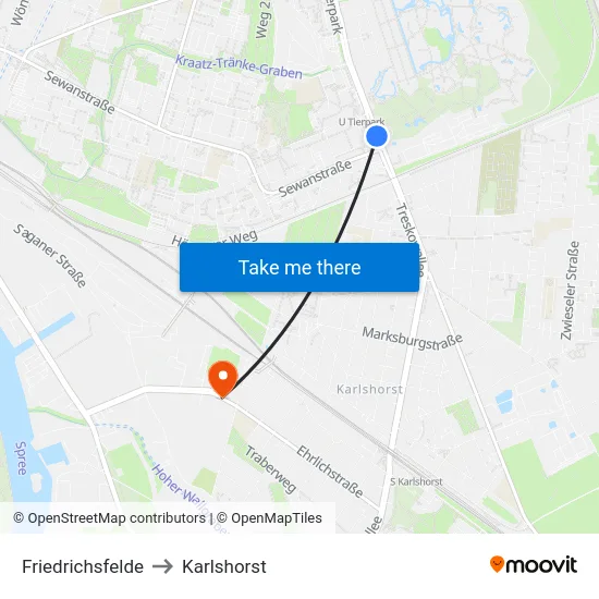 Friedrichsfelde to Karlshorst map