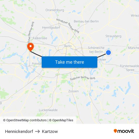 Hennickendorf to Kartzow map