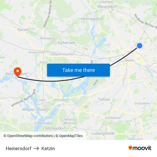 Heinersdorf to Ketzin map