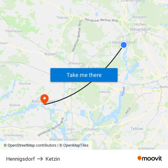 Hennigsdorf to Ketzin map