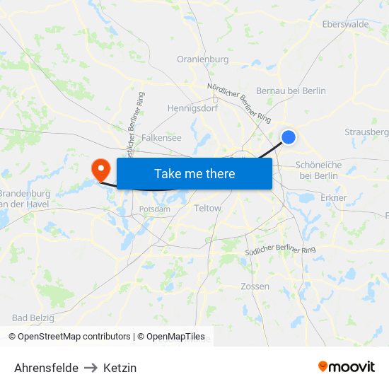 Ahrensfelde to Ketzin map
