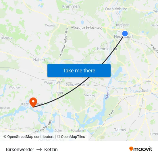 Birkenwerder to Ketzin map