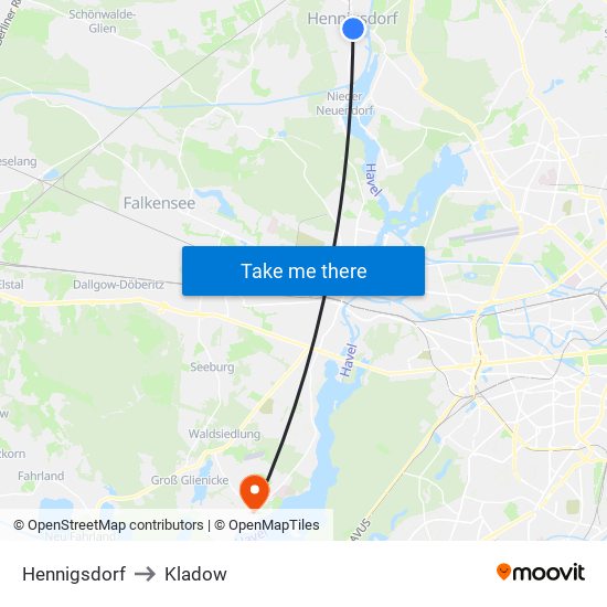 Hennigsdorf to Kladow map