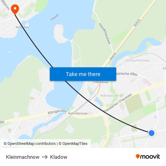 Kleinmachnow to Kladow map