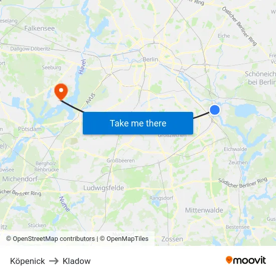 Köpenick to Kladow map
