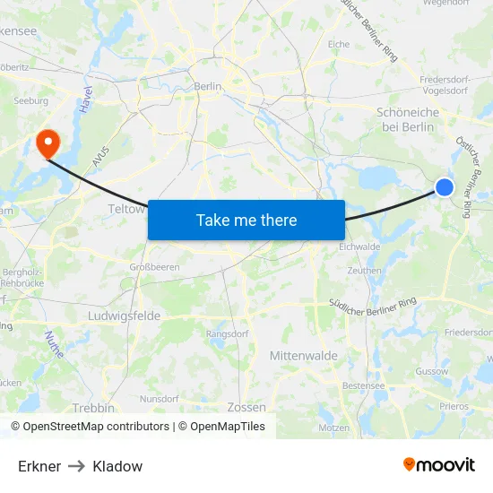 Erkner to Kladow map