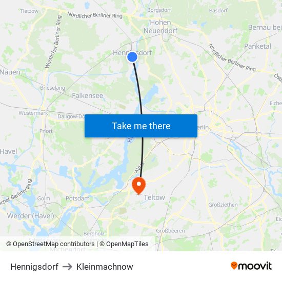 Hennigsdorf to Kleinmachnow map