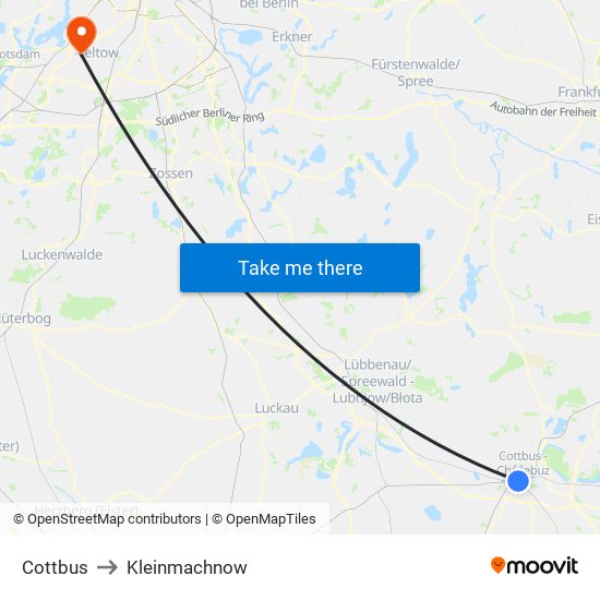 Cottbus to Kleinmachnow map