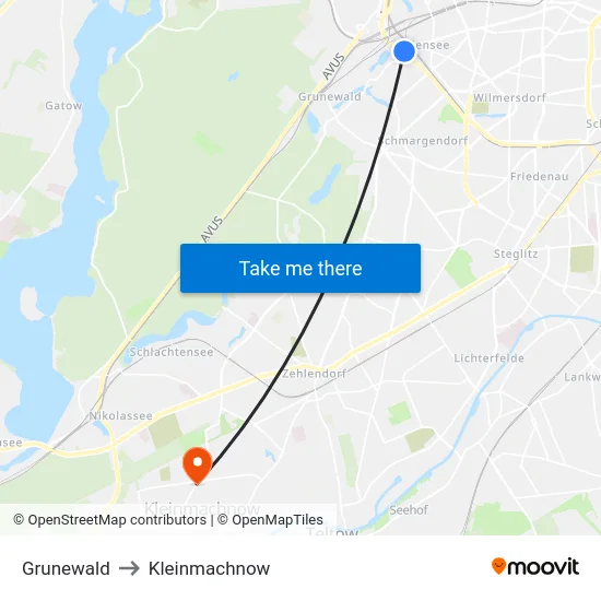 Grunewald to Kleinmachnow map