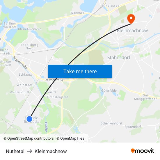 Nuthetal to Kleinmachnow map