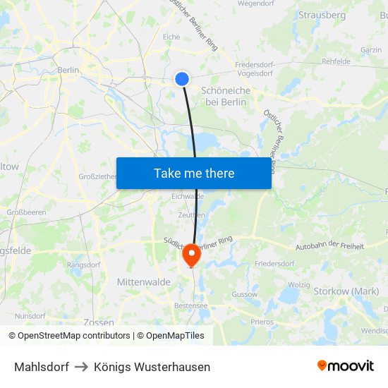 Mahlsdorf to Königs Wusterhausen map