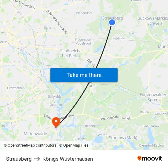 Strausberg to Königs Wusterhausen map