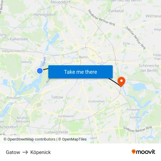 Gatow to Köpenick map