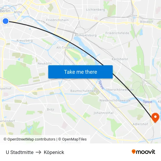 U Stadtmitte to Köpenick map