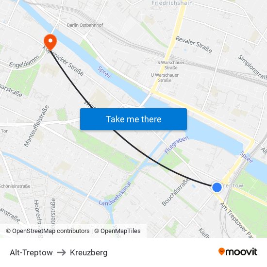 Alt-Treptow to Kreuzberg map