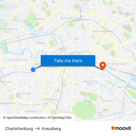 Charlottenburg to Kreuzberg map