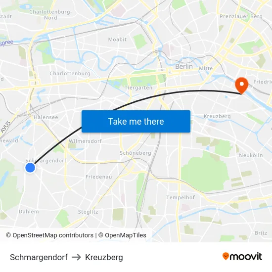 Schmargendorf to Kreuzberg map