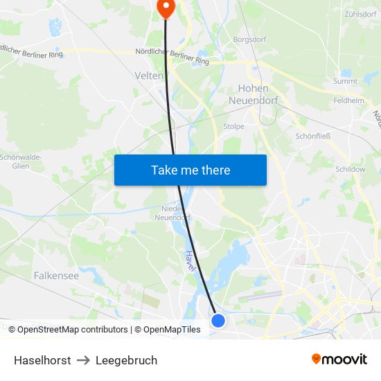 Haselhorst to Leegebruch map