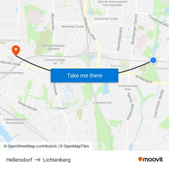 Hellersdorf to Lichtenberg map