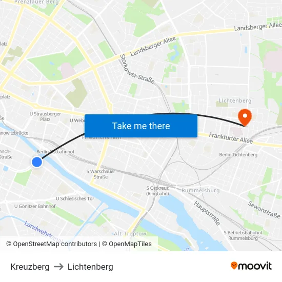 Kreuzberg to Lichtenberg map