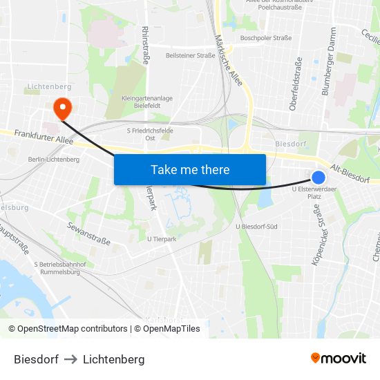 Biesdorf to Lichtenberg map