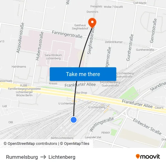 Rummelsburg to Lichtenberg map