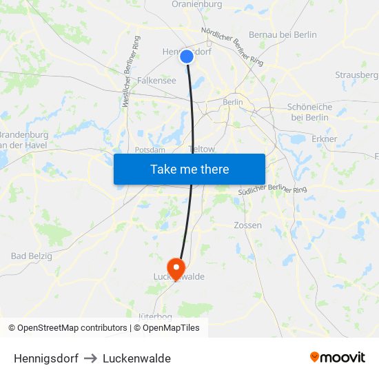 Hennigsdorf to Luckenwalde map
