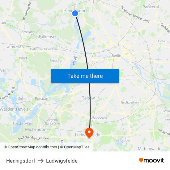 Hennigsdorf to Ludwigsfelde map