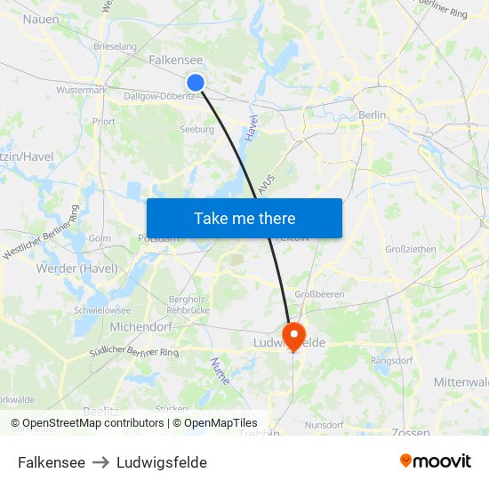 Falkensee to Ludwigsfelde map