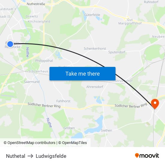 Nuthetal to Ludwigsfelde map