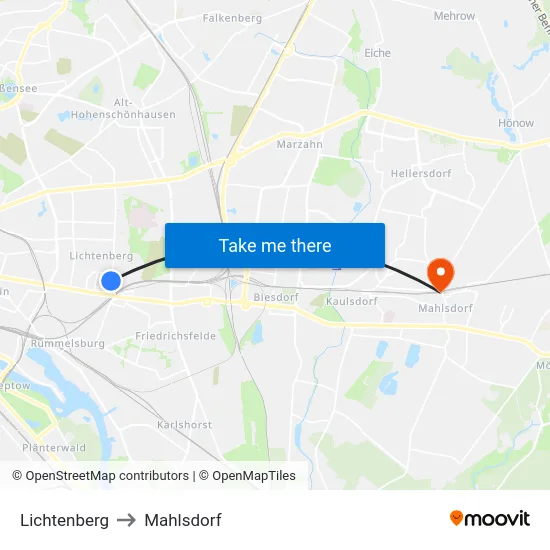 Lichtenberg to Mahlsdorf map