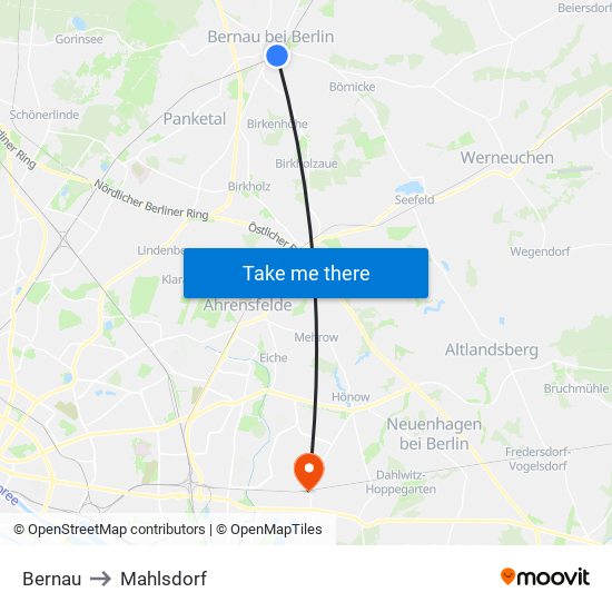 Bernau to Mahlsdorf map