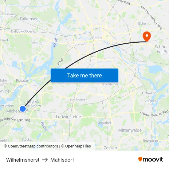 Wilhelmshorst to Mahlsdorf map