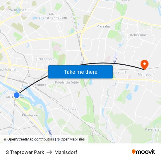 S Treptower Park to Mahlsdorf map