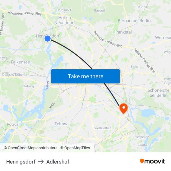 Hennigsdorf to Adlershof map