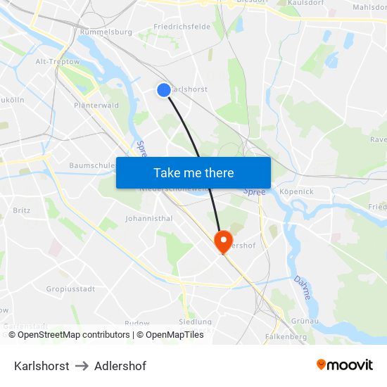 Karlshorst to Adlershof map