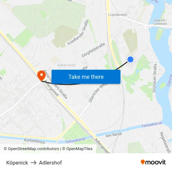Köpenick to Adlershof map
