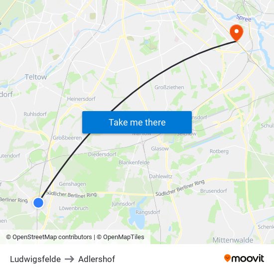 Ludwigsfelde to Adlershof map