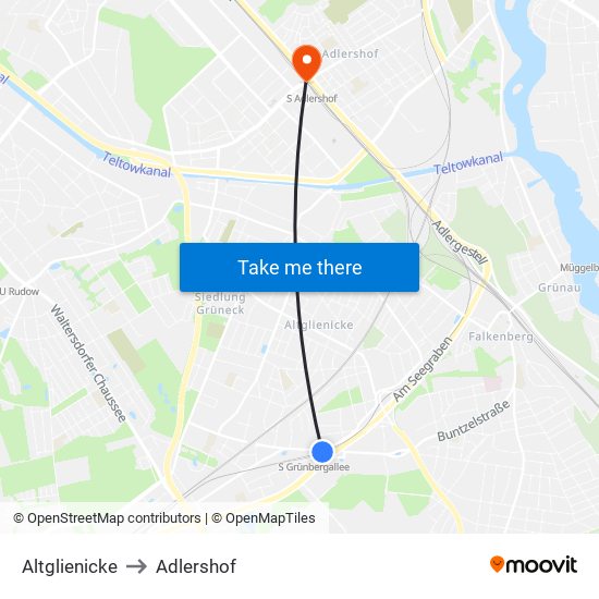 Altglienicke to Adlershof map