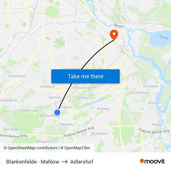 Blankenfelde - Mahlow to Adlershof map