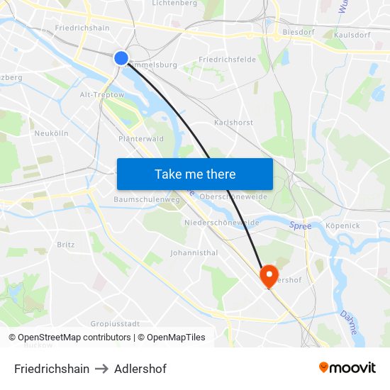 Friedrichshain to Adlershof map