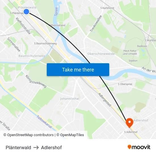 Plänterwald to Adlershof map