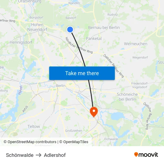 Schönwalde to Adlershof map