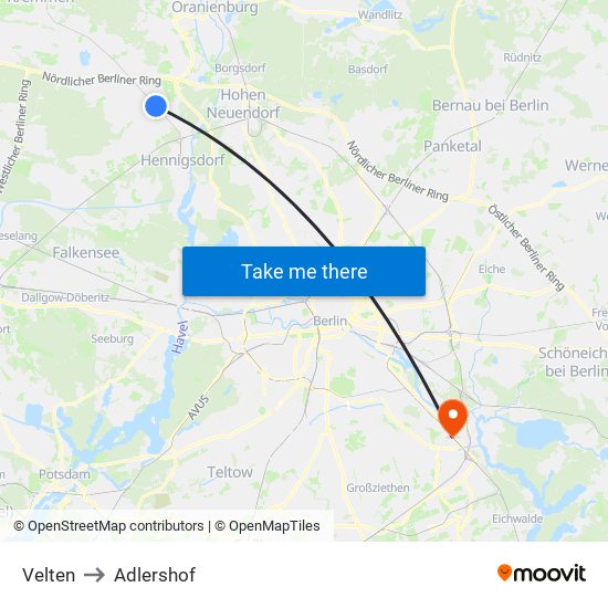 Velten to Adlershof map