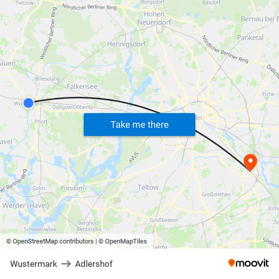 Wustermark to Adlershof map