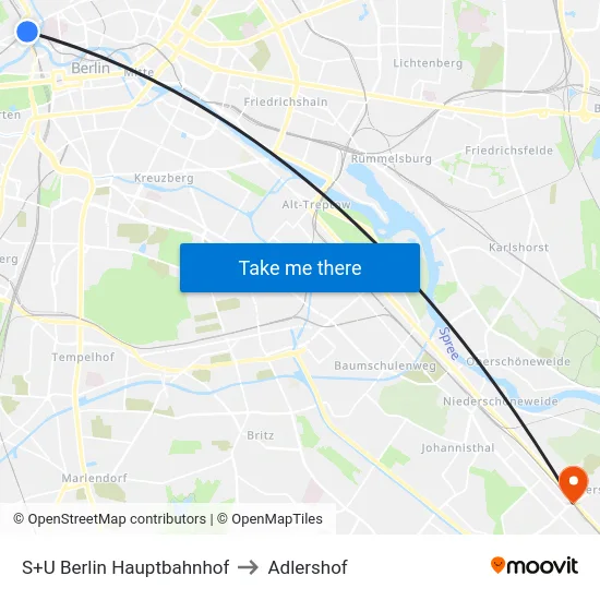 S+U Berlin Hauptbahnhof to Adlershof map